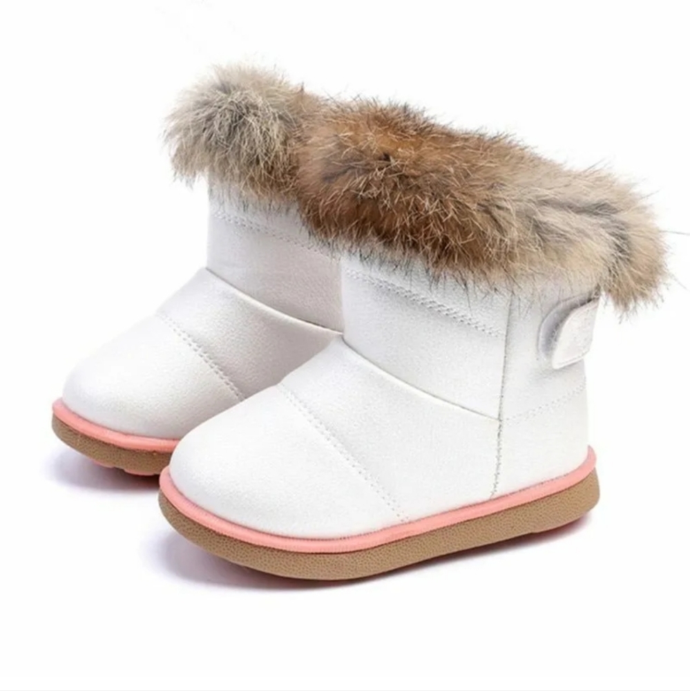 LONSOEN Kid Girl Toddler Metallic White Rabbit Hair Fur Winter Snow Boots 7/24